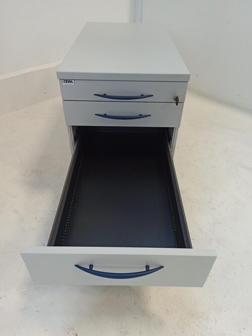 Rollcontainer Ceka 3 Schubladen Korpus officegrau  Bügelgriffe blau