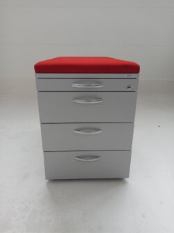 rollcontainer von vario officegrau mit rotem sitzpolster frontansicht