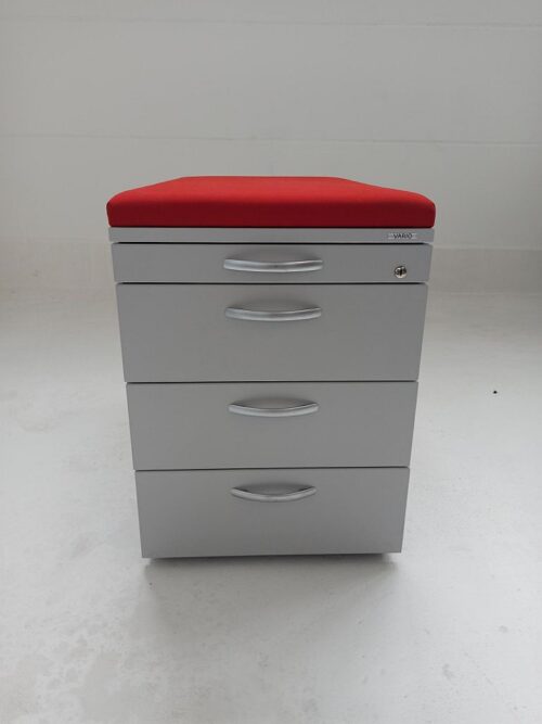 rollcontainer von vario officegrau mit rotem sitzpolster frontansicht
