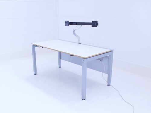 Steh-und Sitz Schreibtisch 160x80 weiss Seitenansicht runtergefahren