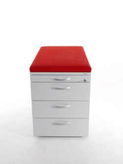 rollcontainer von vario officegrau mit rotem sitzpolster frontansicht